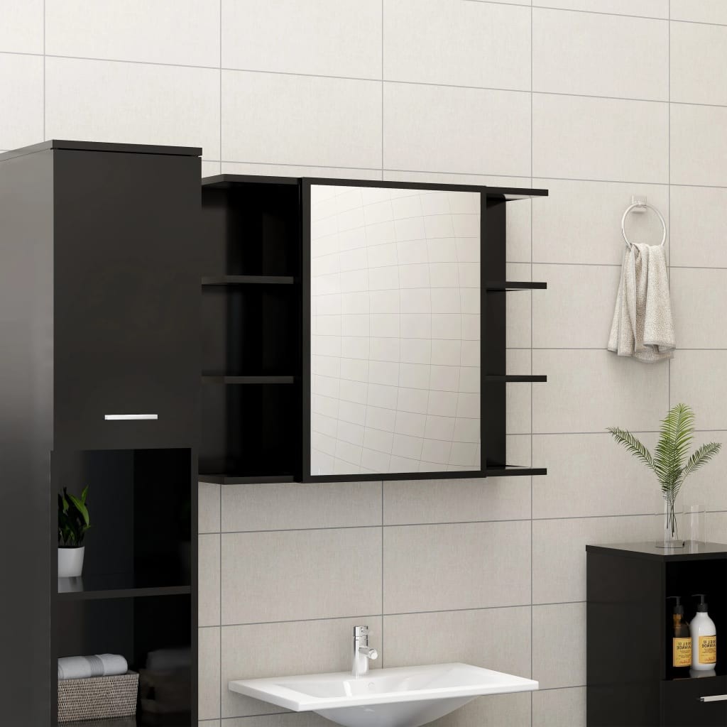 Mobile Bagno con Specchio Nero 80x20,5x64 cm Legno Multistrato 2405435