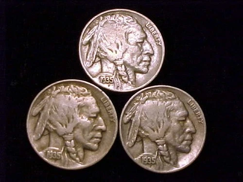 1935-P, 1935-D and 1935-S Fine grade Buffalo Nickels. A (3) Three Coin Lot.