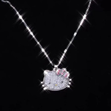 Hello Kitty Crystal Alloy Silver Necklace Pendant Locket Chain Rhinestone New
