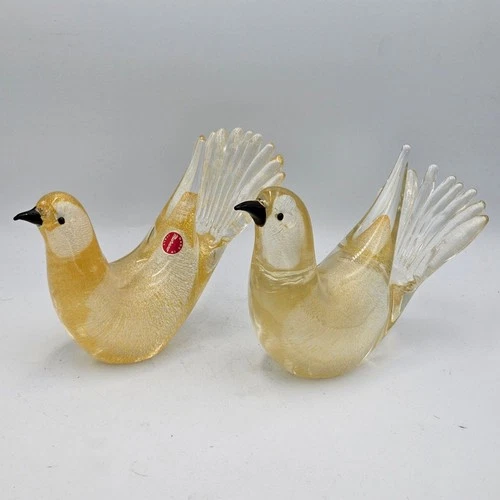 Murano Art Glass Birds Pair Gold Fleck Handmade Italian Vintage Ornaments #8743