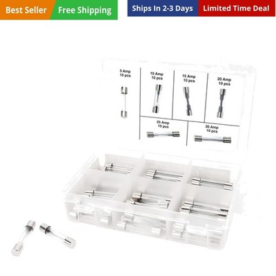 60pc AGC Glass Fuse Assortment 5A, 10A, 15A, 20A, 25A, and 30A in a Clear Pla...