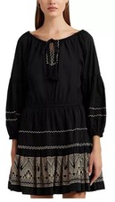 Polo Ralph Lauren Embroidered Peasant Midi Dress Black Size 2 Cotton Voile