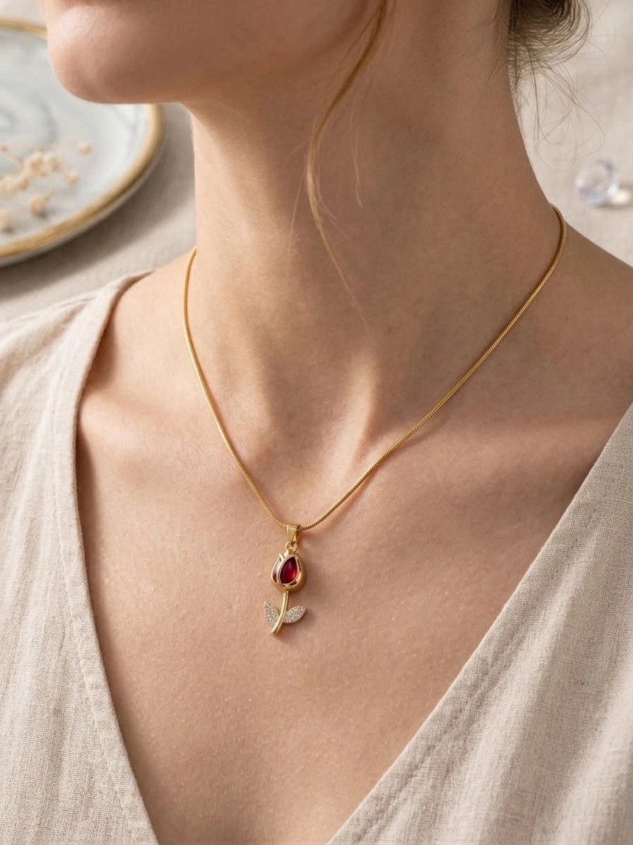 Collar Cadena Dorada Dije Rosa Tulipán Rojo Cristal Circonitas Regalo Mujer Boda