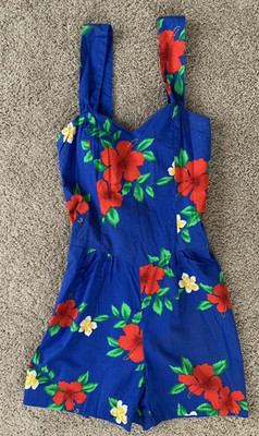 Vintage Royal Creations Blue Floral Hawaiian Aloha Cotton Romper-Size Small