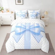 Kids Girls Bowknot 7 Piece Bedding Set Full Size,Cute Blue Dots Bow Tie Comfo...
