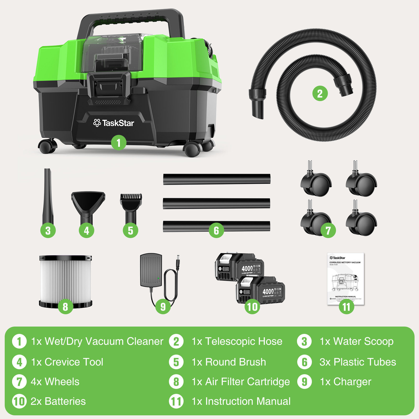 2.6 Gal Brushless Cordless Shop Vacuum Wet Dry W/ Blower,2*4.0Ah Battery+Charger