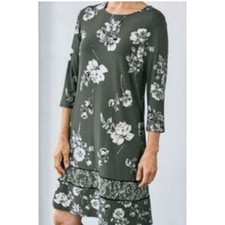 J. Jill Wearever Collection Floral Shift Dress Sage Green Gray 3/4 Sleeve Small