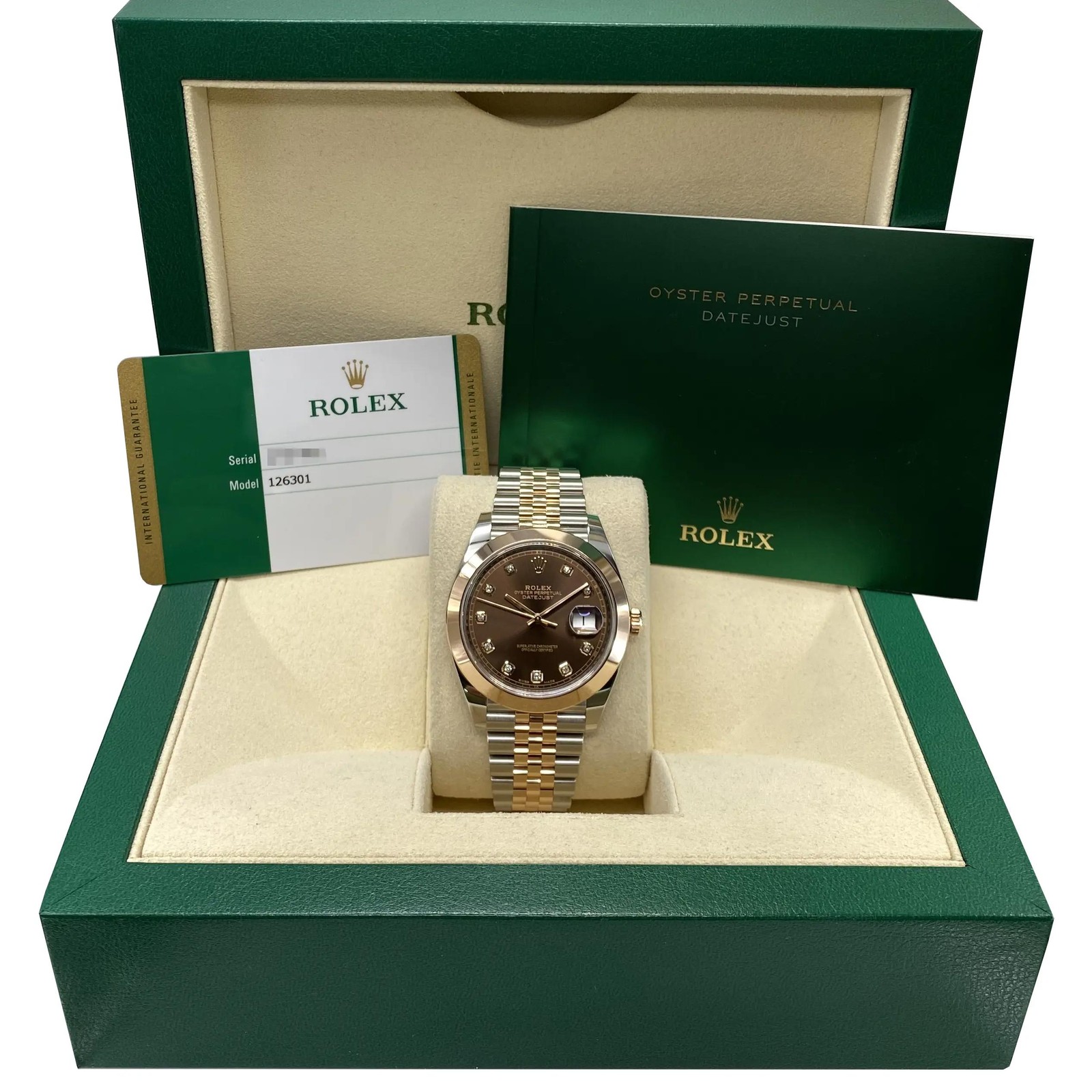 Rolex Datejust 126301 Rose Gold Steel Chocolate Diamond Dial Mens Watch B&P