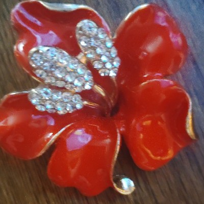 Red Enamel Flower Brooch Pin Gold Tone Clear Rhinestones Cluster Setting