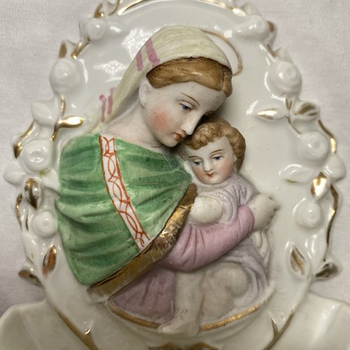 Vintage Virgin Mary Baby Jesus Holy Water Font Madonna Wall Plaque Italy *READ*