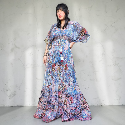Herman & Nandita shimmer floral printed patchwork tiered boho fairy maxi dress L