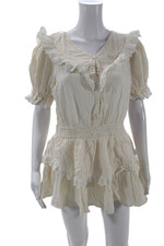 Love Shack Fancy Women Beige Striped Bohemian Cotton V-Neck Short Dress Size S