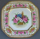 Antique HP DRESDEN 8" Porcelain Plate FLOWER Basket PINK ROSES Raised GILT Paste — photo 2