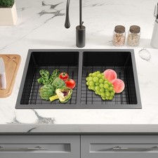 Double Bowl Sink Kitchen Sink Rectangular Stainless Steel Sink w/Grid Drainer