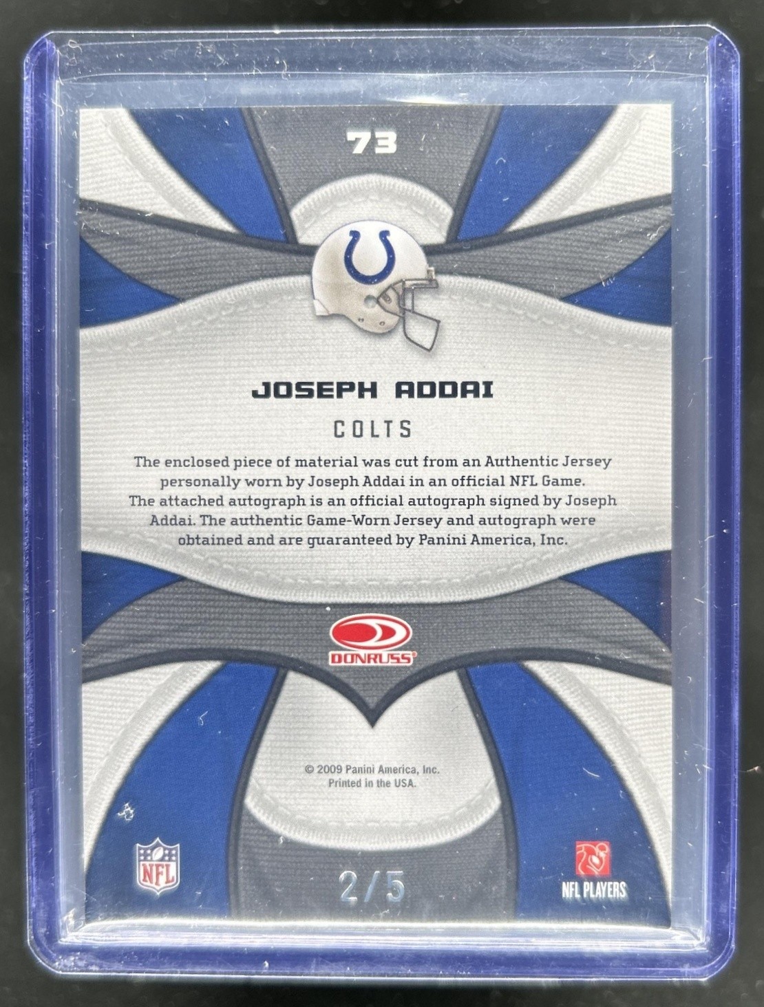 2009 Donruss Certified Joseph Addai Fabric of the Game Jersey Number Auto #/5 view 2