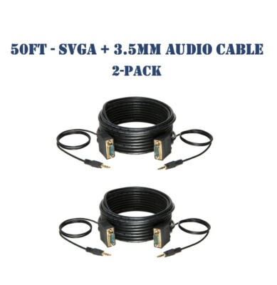 50FT SVGA Video Cable + 3.5mm Audio Aux Jack M/M PC Display Monitor Cord- 2-Pack
