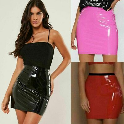 DAMEN HOHE TAILLE VINYL PVC GLÄNZEND WETLOOK MINI BLEISTIFT BODYCON PARTY ROCK