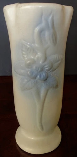 VAN BRIGGLE "Moon Glow" Matte White w/Blue Dust/Accent  Art Vase Perfect, fine!