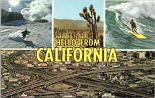 Hello from California - Multiview Chrome Postcard - Skiing, Surfing, Desert