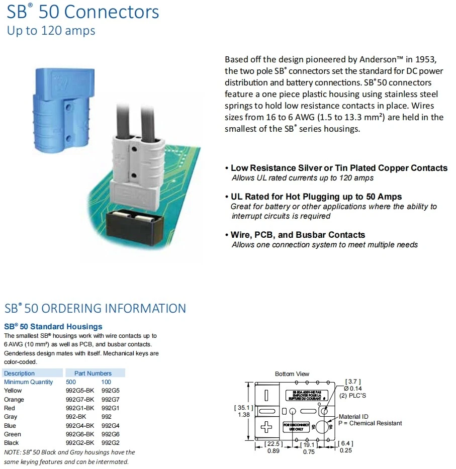 Genuine Anderson SB50 Connector Plug Kit, Blue 2 Casings With 4 Terminals /6 AWG - Image 3 of 4