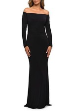 La Femme 28054 Off the Shoulder Long Sleeve Jersey Gown SZ 4 Black