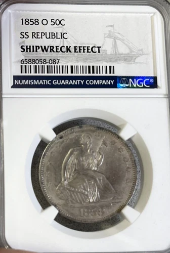 1858-O SS Republic NGC Shipwreck Effect! Seated Liberty Half Dollar