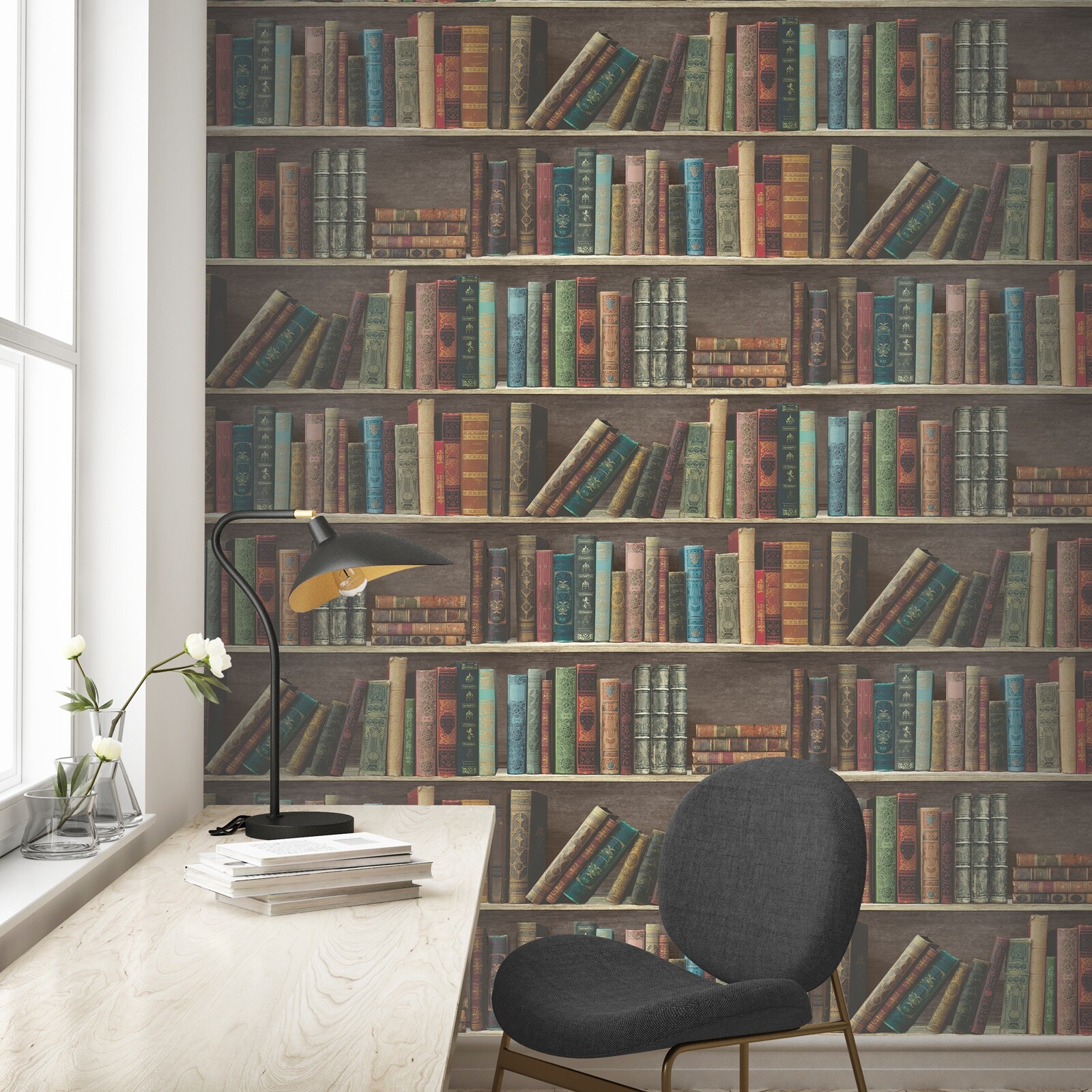 Retro Library Bookshelf Wallpaper Books Shelves Classic Realistic ...