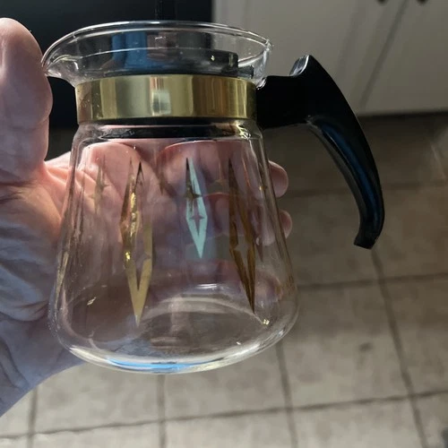 Pyrex Small Coffee Pot Gold Diamond Design Black  Lid Caraffe 1 Cup USA Vtg