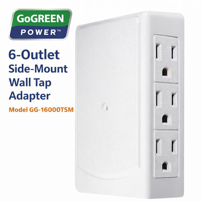GoGreen 6 Outlet Wall Tap Adapter Side Mount Power Expander Plug 15A White