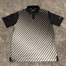 Nike Mens Medium Black White Gray Tour Performance Golf Dri Fit Stripe Golf Polo