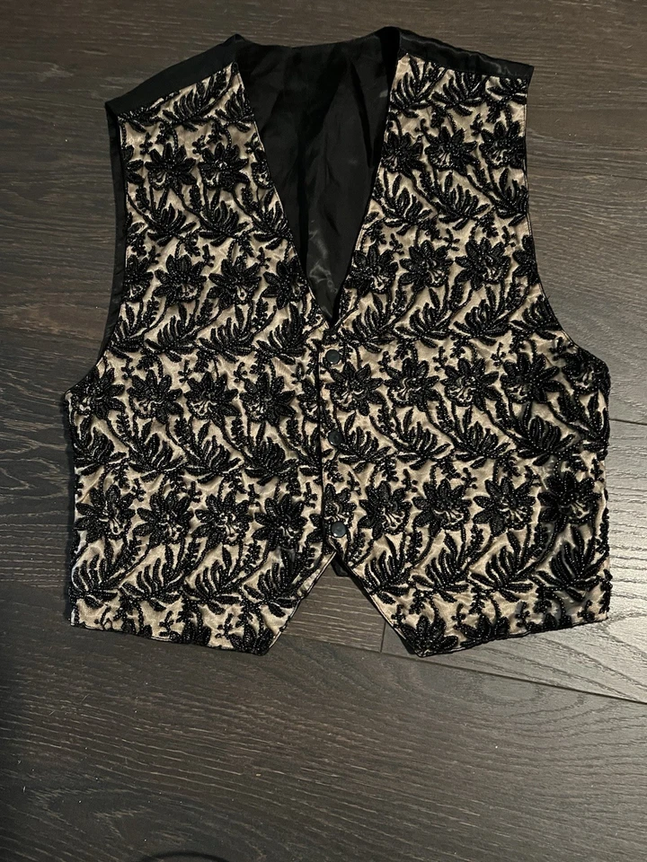 Chaleco Floral Negro KENAR Cuentas A Mano De Colección en Malla Dorada TALLA M WOW Foto 3 de 4