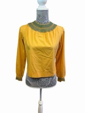 Vintage Avalo Small Mustard Yellow Smocked Crochet Boho Blouse Cottage Core Top