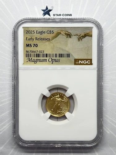 2025 Gold Eagle G$5 NGC MS70 Early Releases Magnus Opus Label 1/10oz Gold