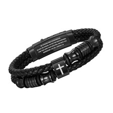 Christian Black Leather Bracelet for Men, Braided Leather Cross Adjustable