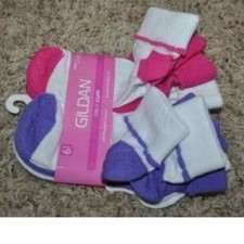 Girls Gildan Ankle Socks 6 Pair White Pink sz 10.5 to 4 Cuffed Cotton Blend