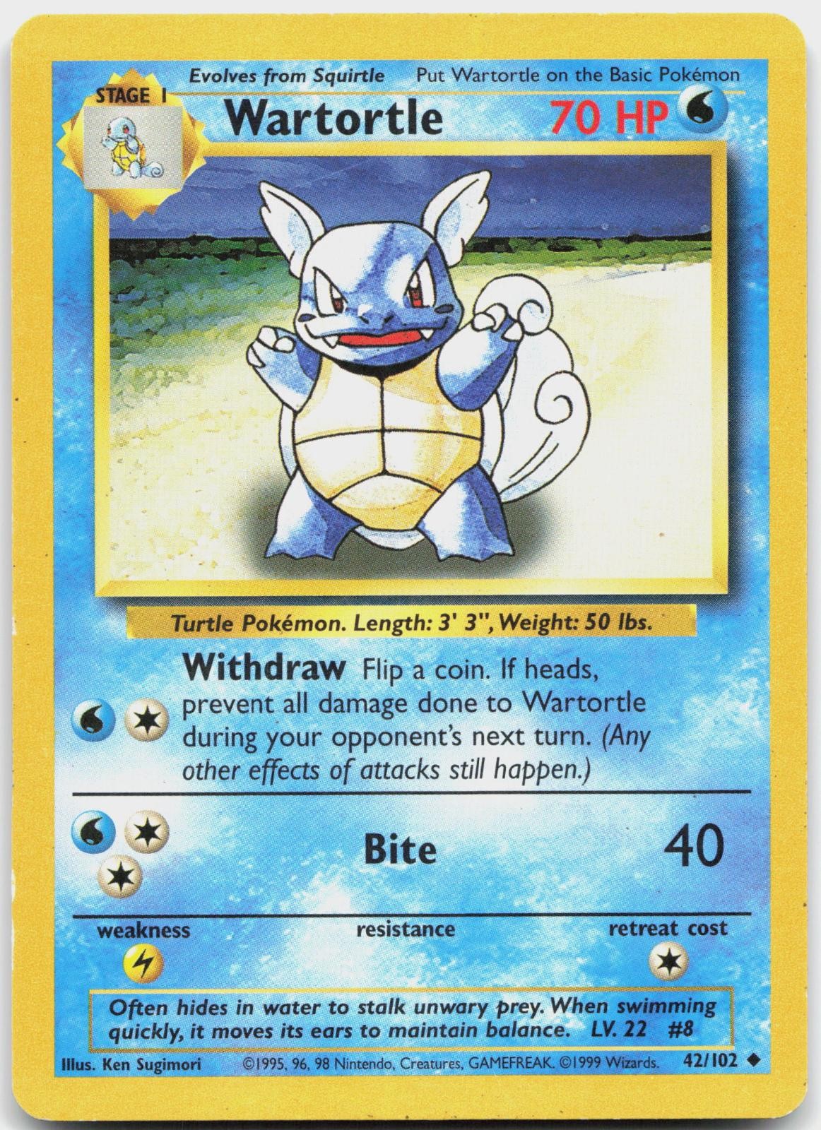 Wartortle 42/102 Uncommon Base Set Unlimited Pokemon Moderately Played