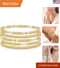Luxury Gold Beaded Bracelet Stack - Adjustable 7.28 Inches, 14K Gold Plated