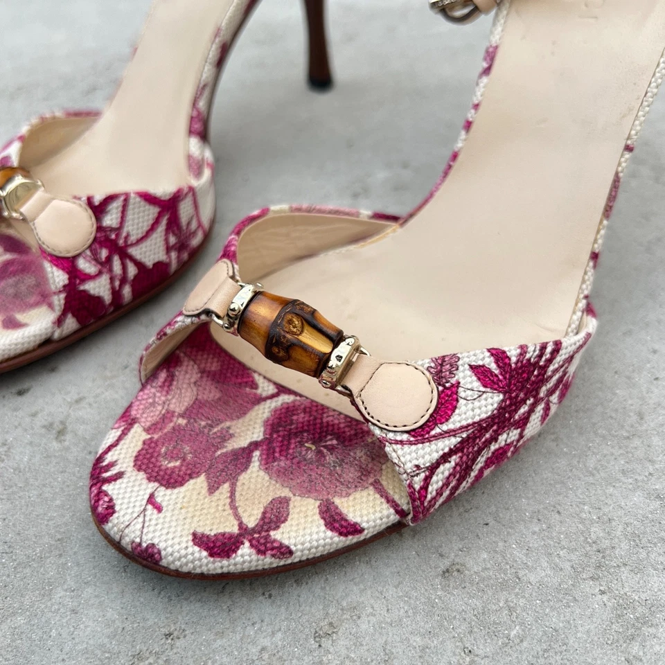 Gucci | Authentic Vintage Bamboo Bit Pink White Floral Pattern Ankle Strap (36) - Image 4 of 4