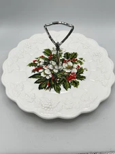 Westmoreland Milk Glass Panel Grape Tidbit Tray Christmas Rose Holly Handle Wear