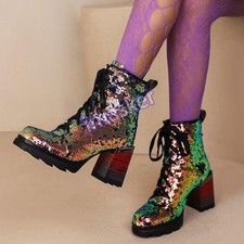 Women Sequin Platform Ankle Boots Lace Up Block Heel Club Party Combat Booties