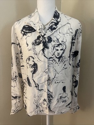 RARE Vintage Rena Rowan 100% Silk Artist Sketch Portrait Print Blouse Size 14