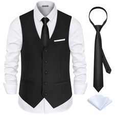 Men s Suit Vest 3-Piece Slim Fit Satin Back Formal Waistcoat Large Black