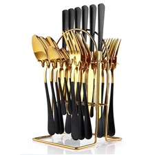 Flatware Set 24 Pieces Stainless Steel with Holder Gold Matte Pink Finish