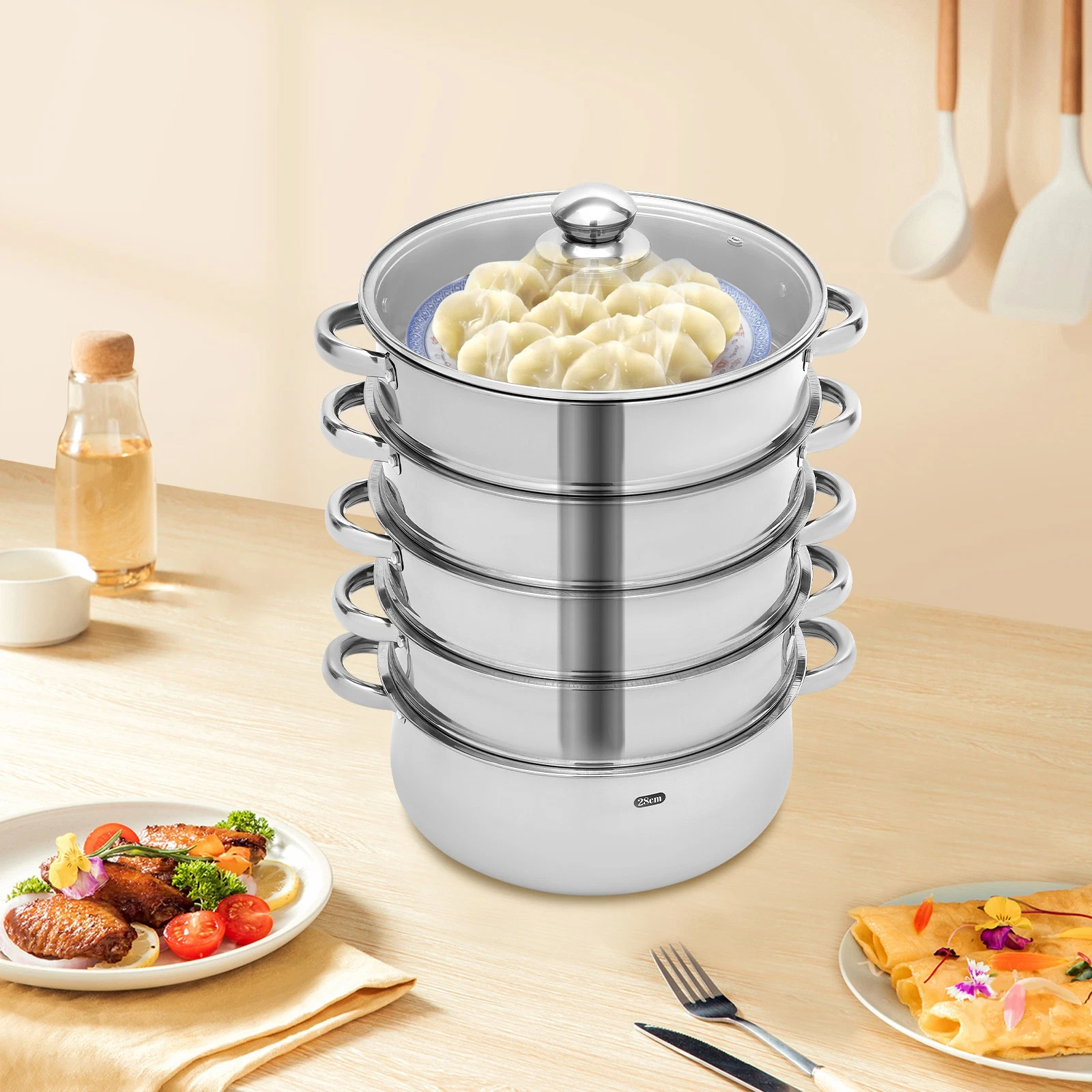 5 Tier 28cm Stainless Steel Steamer Set Dumpling Manty Steamer Pot Glass Lid