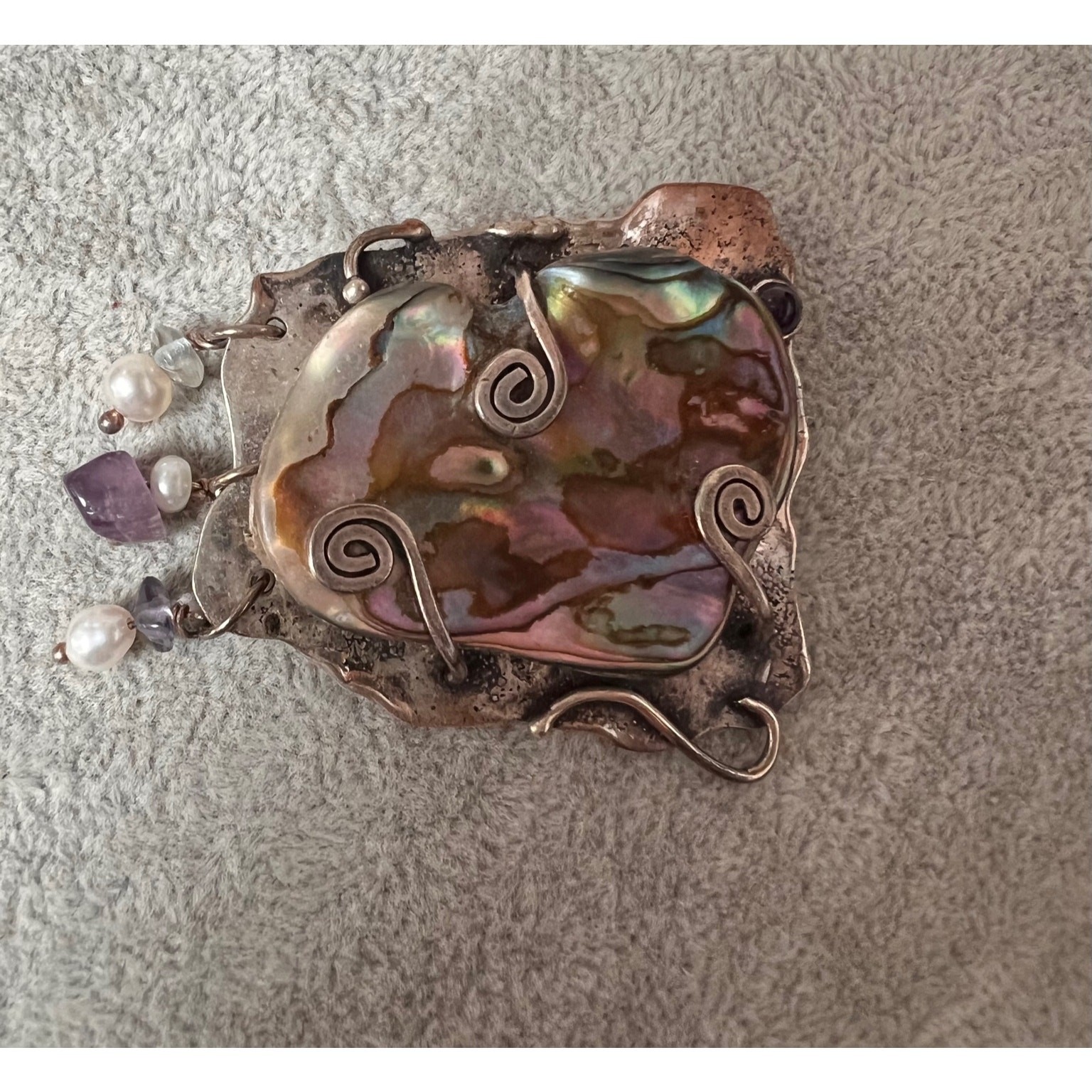 Artisan Abalone Shell Studio Brooch Amethyst Pear… - image 4