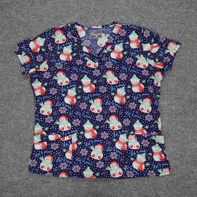 Buttersoft Scrub Top Womens L Blue Snowman Snowflake Winter Ice Nurse Vet Dental