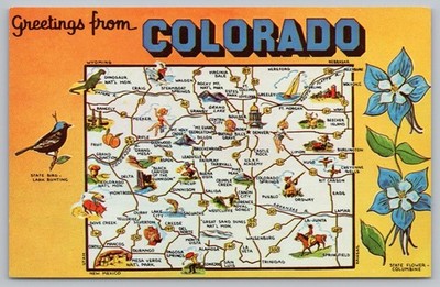 Greetings From COLORADO Map Lark Bunting Columbine Linen Postcard Vintage UNP