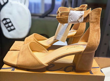 Beige Faux Suede Strappy Open Toe Ankle Strap Buckle Block Heels