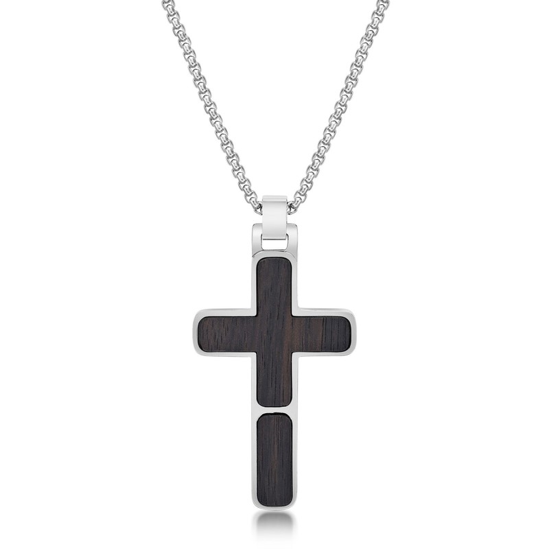 Stainless Steel and Wood Cross Pendant With 24" Round Box Chain Jewelry For Her