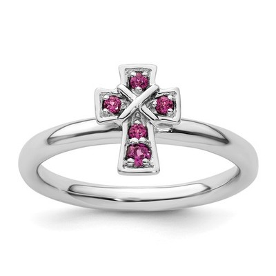 Sterling Silver Stackable Expressions Rhodium Rhodolite Garnet Cross Ring Size 9